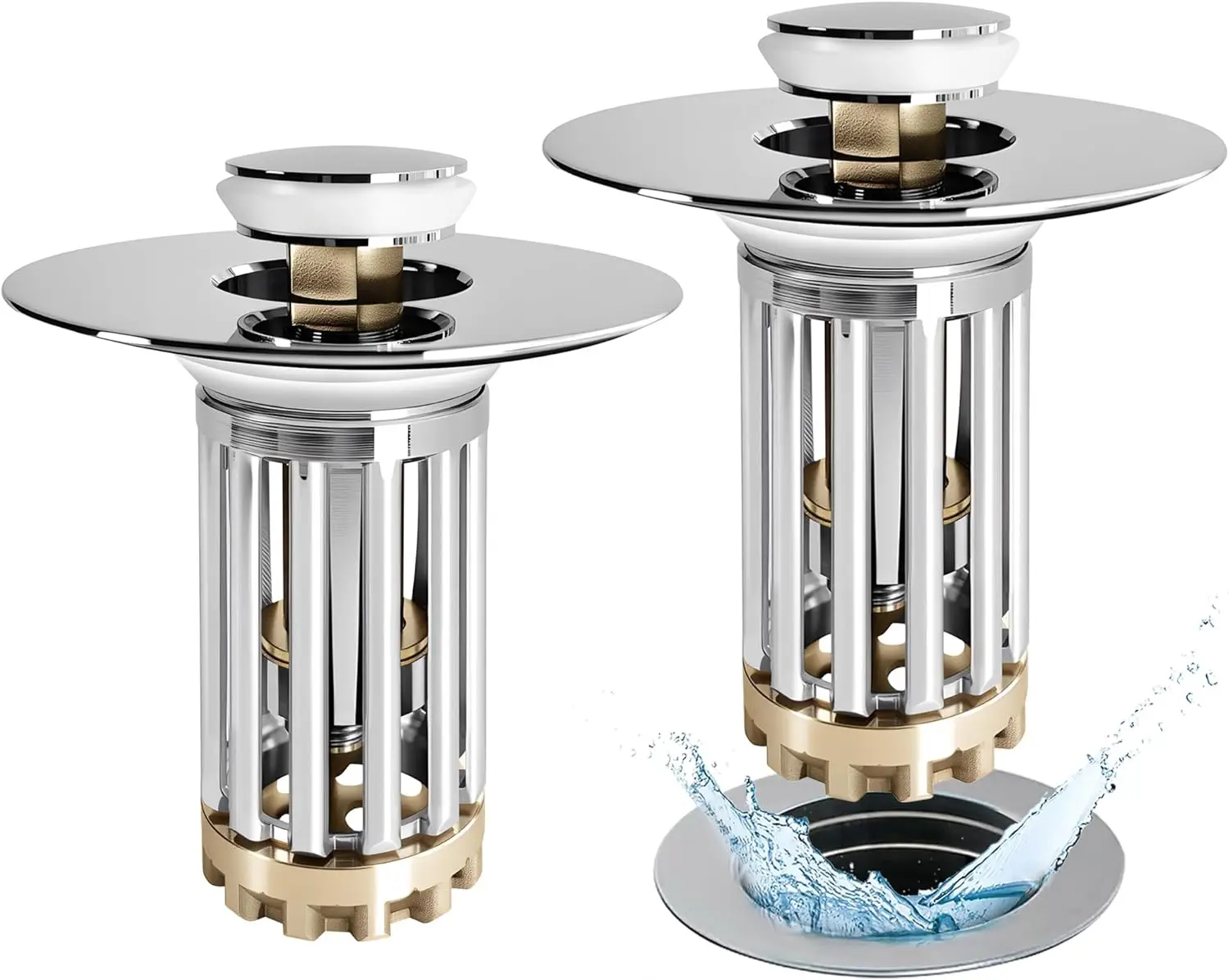 

2PCS Universal Bathroom Sink Drain Stopper with Hair Catcher, Chrome Silver for 1.06-1.6in Holes
