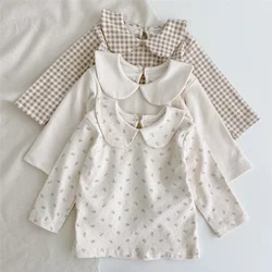 HoneyCherry Autumn Baby Cotton T-shirt Long-sleeved Lapel Plaid Floral Cute Top Girls Clothes