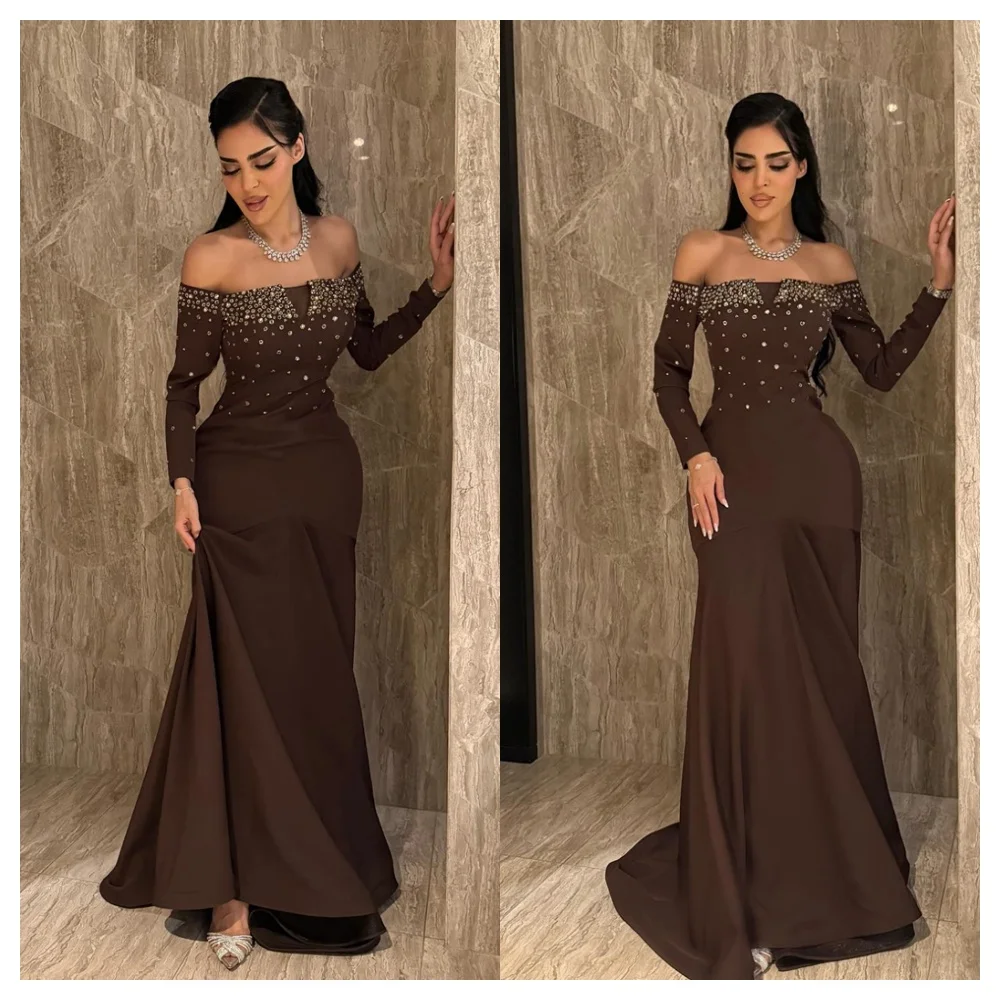 

Customized Classic Jersey Evening Dress High Quality Boat Neck Off the Shoulder Long Sleeves Party Dress Luxury Celebrity Gowns