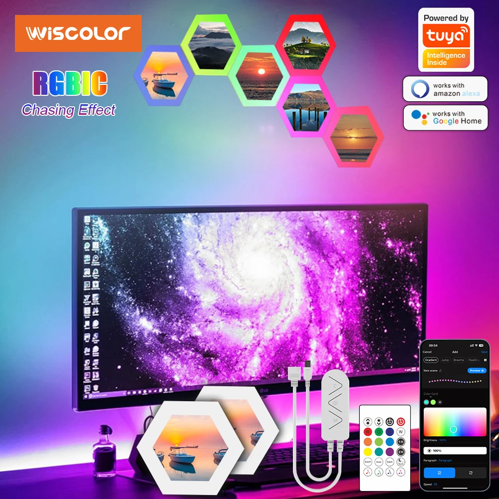 

Wiscolor Smart Hexagonal Wall Panel Multi-Color Splicing Music Light Music Sync DIY Shape Atmosphere Wall Background Lighting