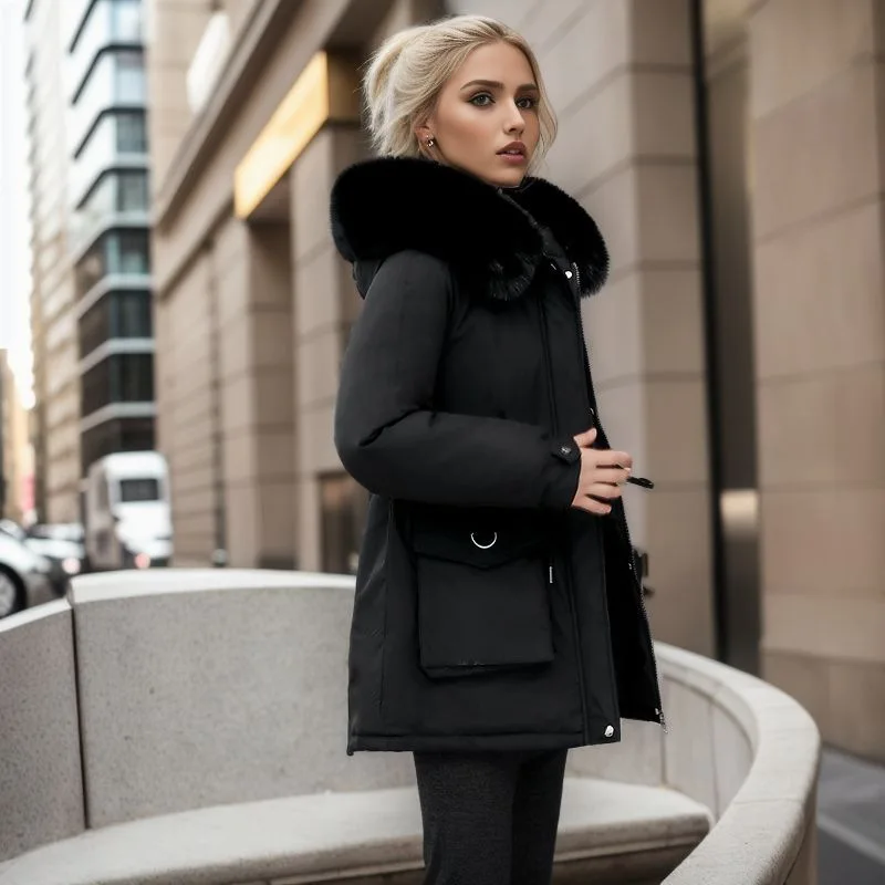 レディース無地カジュアルトレンディスリムシンプルベーシックファーカラーフード付きキルティングコート2025冬新作ファッション女性服パーカー