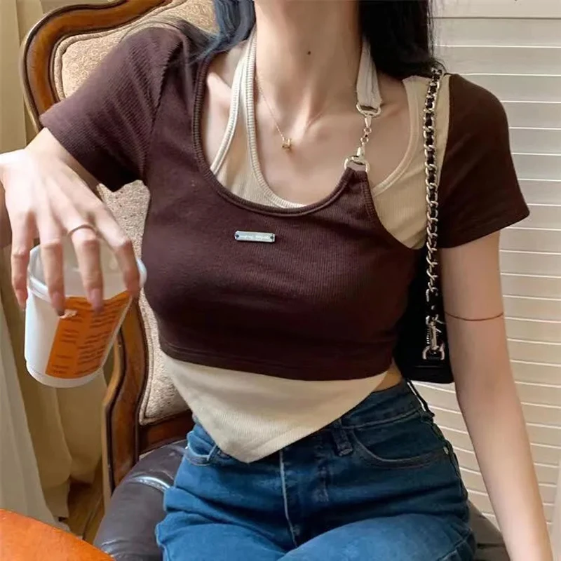 Fake Two Pieces Crop Top Neck-Mounted Short Sleeve T Shirt Chic Hottie Aesthetic Korean Fashion Woman Blouse 2023 Summer