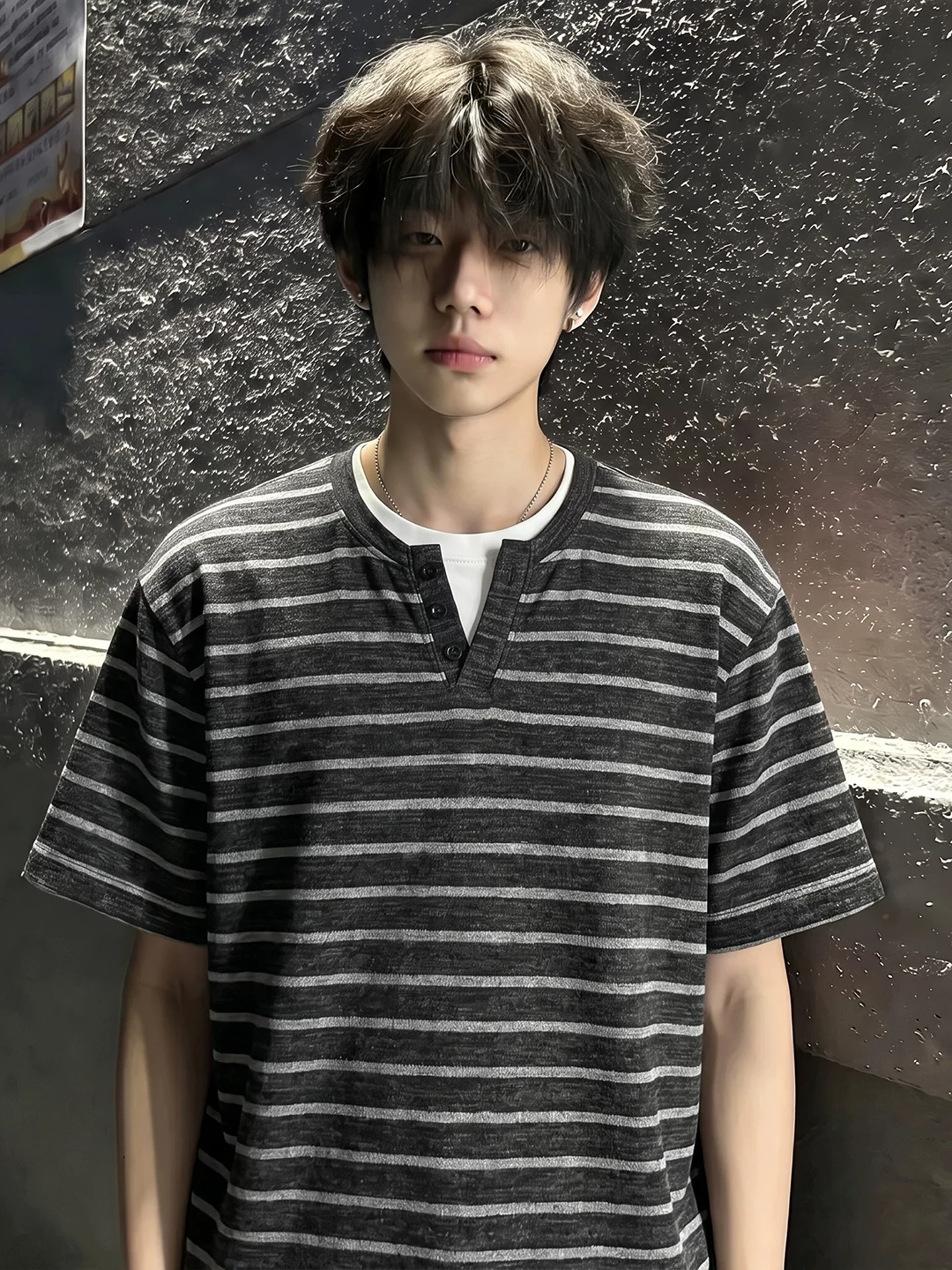 American Stripe Color Block V-neck Short Sleeve Men's T-shirt Summer High End Henry Collar Heavyweight Half Shoulder Fit