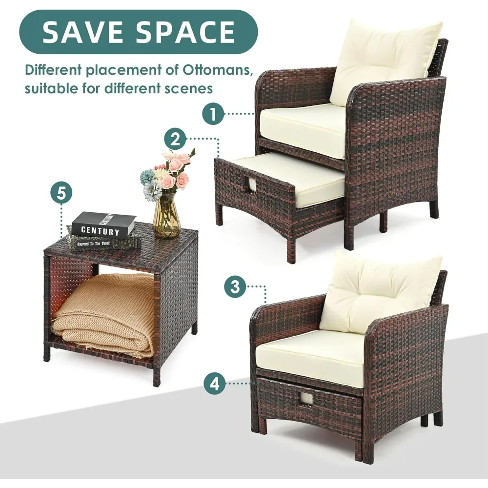 Pamapic 5 Buah Set Furnitur Teras, Furnitur Balkon Rotan dengan Ottoman, Set Kursi Teras Luar Ruangan Anyaman PE dengan Tab Kopi