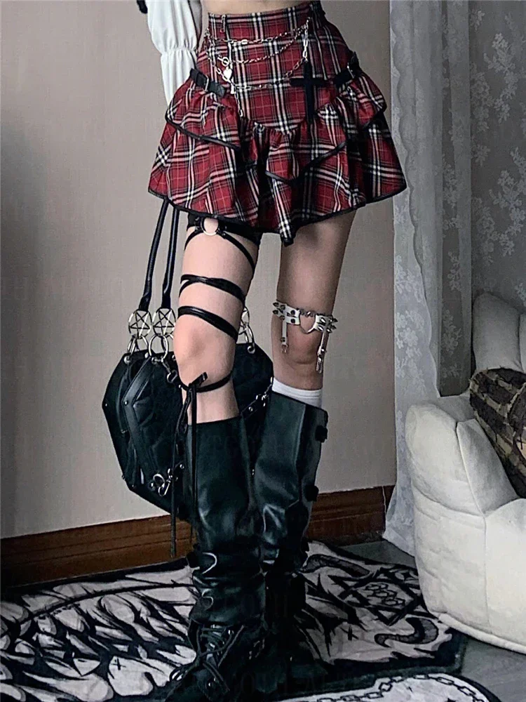 DemoRave Fashion Streetwear Gothic Y2k Red Plaid Skirt Women Harajuku Emo E-girl High Waist Cake Skirt Fairycore Grunge Clubwear