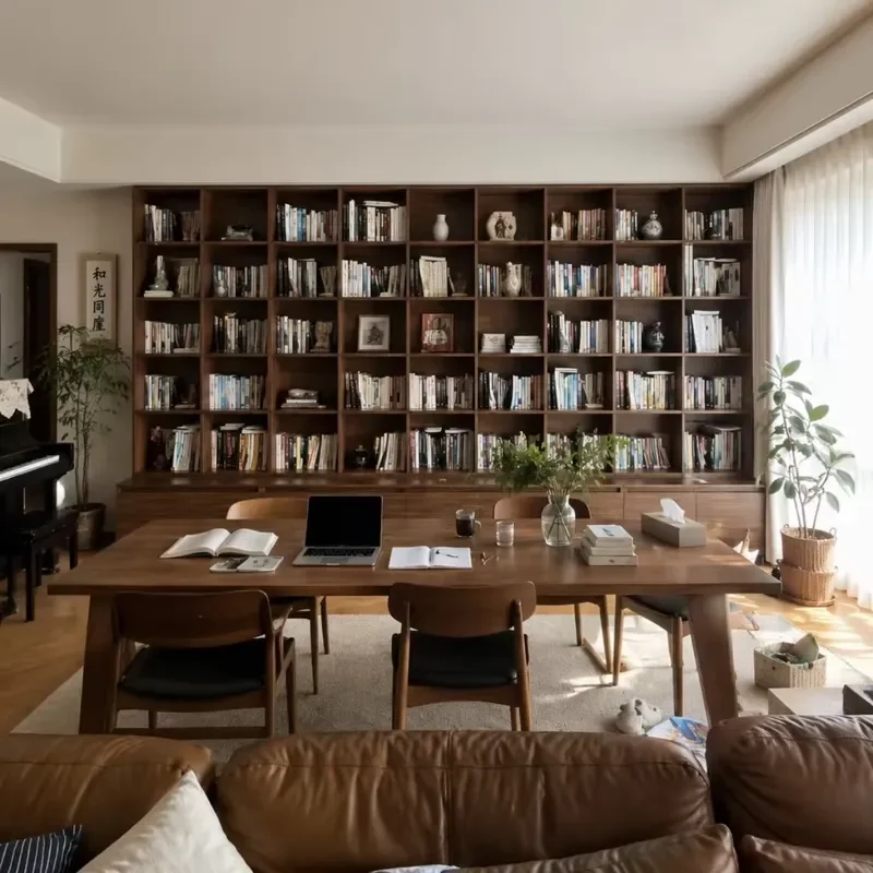 Modern Walnut Library Bookcase Floor to Ceiling Open Shelf Wall Unit Large Capacity Dark Wood Storage Cabinet for Study Room