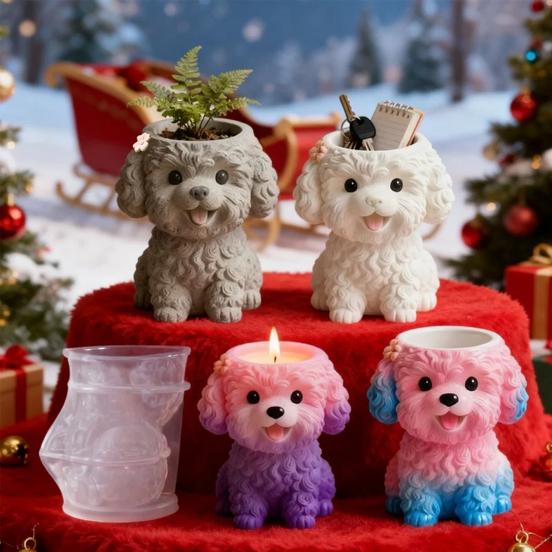 

Милая собака Тедди, чашка для ароматерапии, свеча, силиконовая форма, сделай сам, ручная работа, бетонная гипсовая коробка для хранения, форма для сочных растений, цветочный горшок