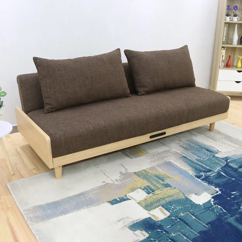 Fabric sofa bed three-person rental house small apartment multi-functional living room dual-purpose solid wood sofa