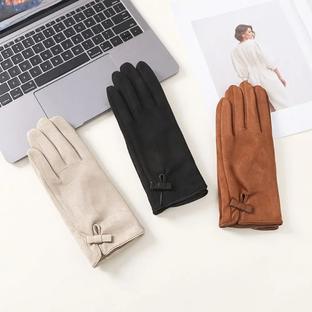 

Cute Velvet Winter Bow Suede Gloves Bownot Soft Pu Leather Gloves Solid Color Warm Women Cycling Mittens Kids