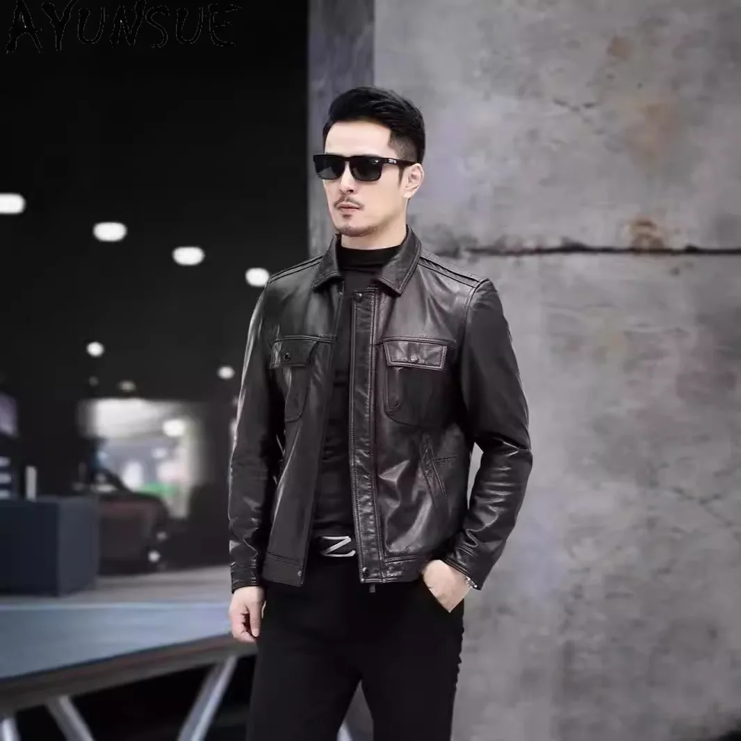 

AYUNSUE Real Leather Jacket Men 2025 Spring Autumn Mens Clothes Top Layer Cowhide Coats Oil Wax Leather Coat Jaqueta De Couro