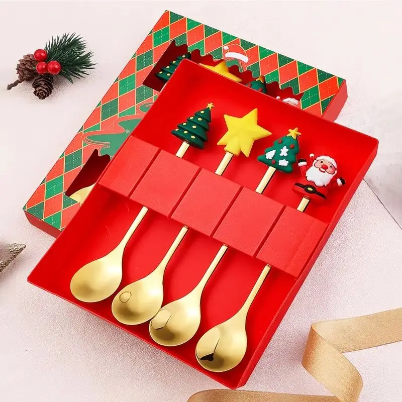 

Christmas Stainless Steel Spoon and Fork Set Cartoon Cute Dessert Spoon Fruit Fork Tableware Gift Box Santa Claus
