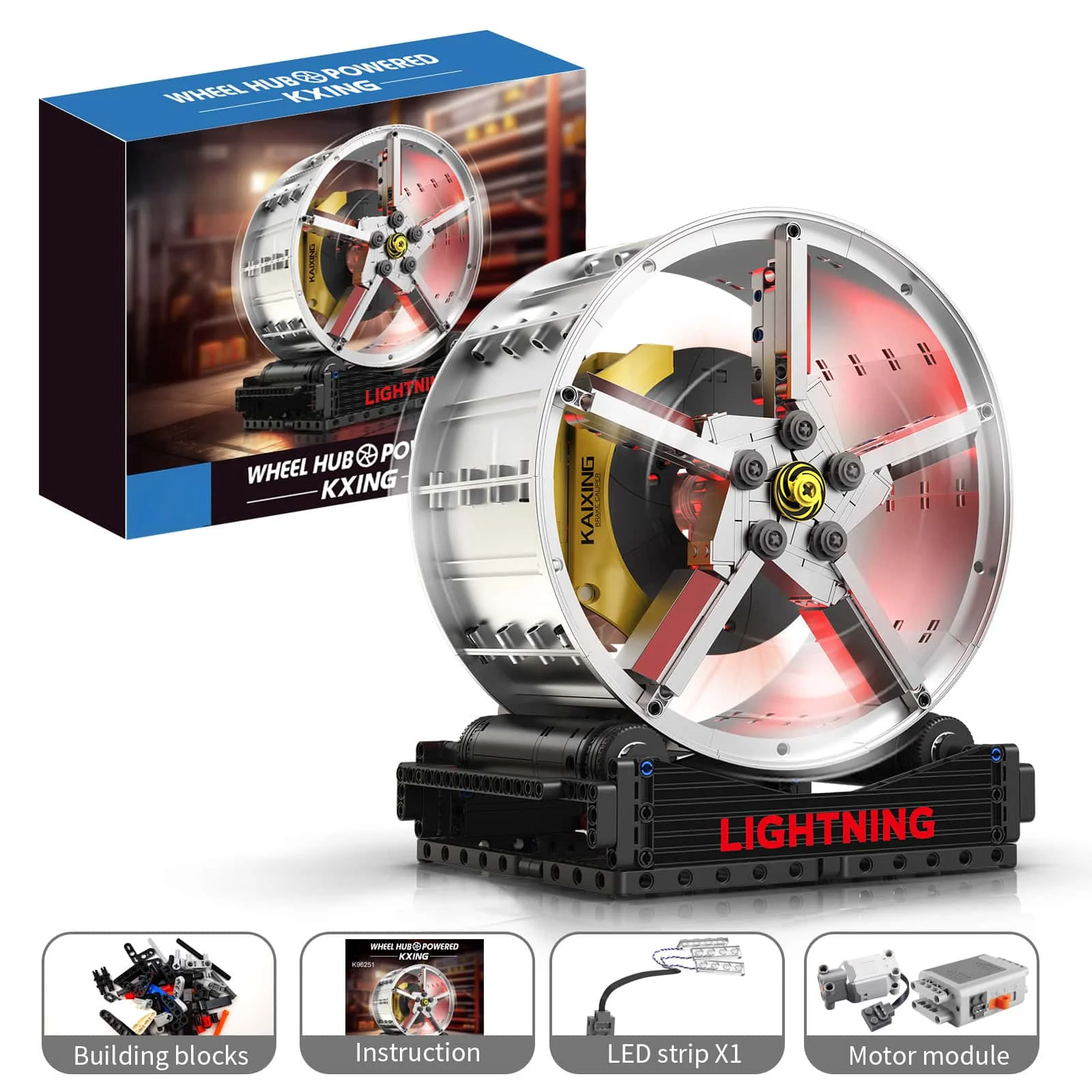 Dynamic Motor-Driven Supercar Rim Building Blocks - Spinning Wheel Hub Desktop Decor w/ Power Function&LED Lights for Car Lovers