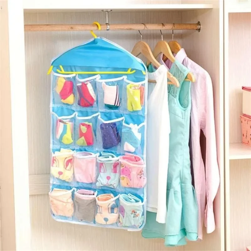 16 Grid Hanging Clothing Storage Organizer Rack Socks Underwear Clothing Storage Bag Hanger Saving Space Tidy Organizer