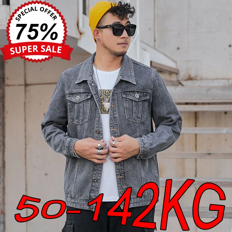 Large Size Men's Denim Jackets Spring and Autumn New Trend Loose Casual Fat Tops Oversized M-8XL Solid Color Lapel Coats