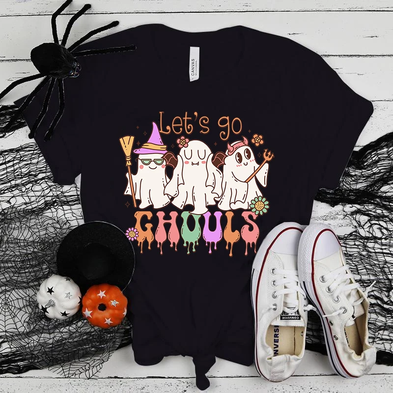 

(Premium T-shirt)New Halloween Let'S Go Ghouls Print Short Sleeves Jesus Round Neck Woman T-Shirt Summer Casual Tees tops