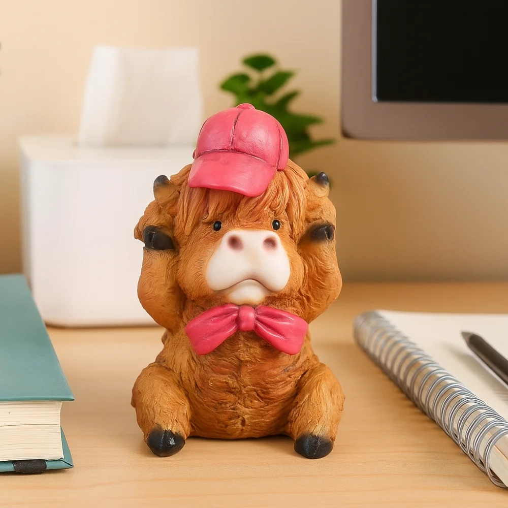 Resin Cartoon Cow Ornament Realistic Statue Highland Cow Decor Sensory Toy Collectible Animal Action Figure Children Toys