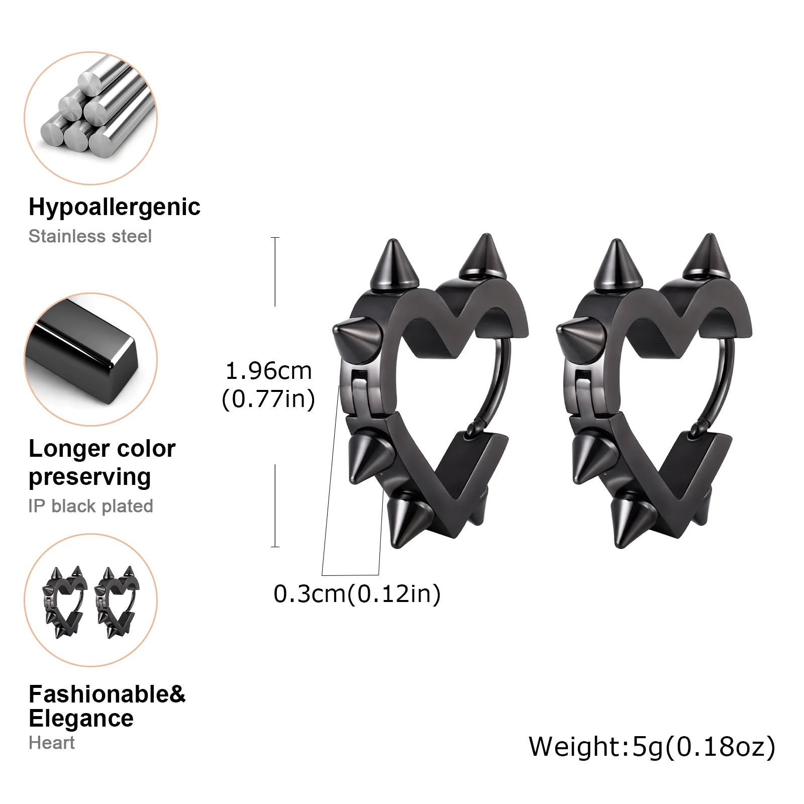 Kreative Gothic Punk Nieten Herz Creolen, Edelstahl Geometrische Piercing Ohrringe, Einzigartiger cooler Schmuck für Party – Detail 9