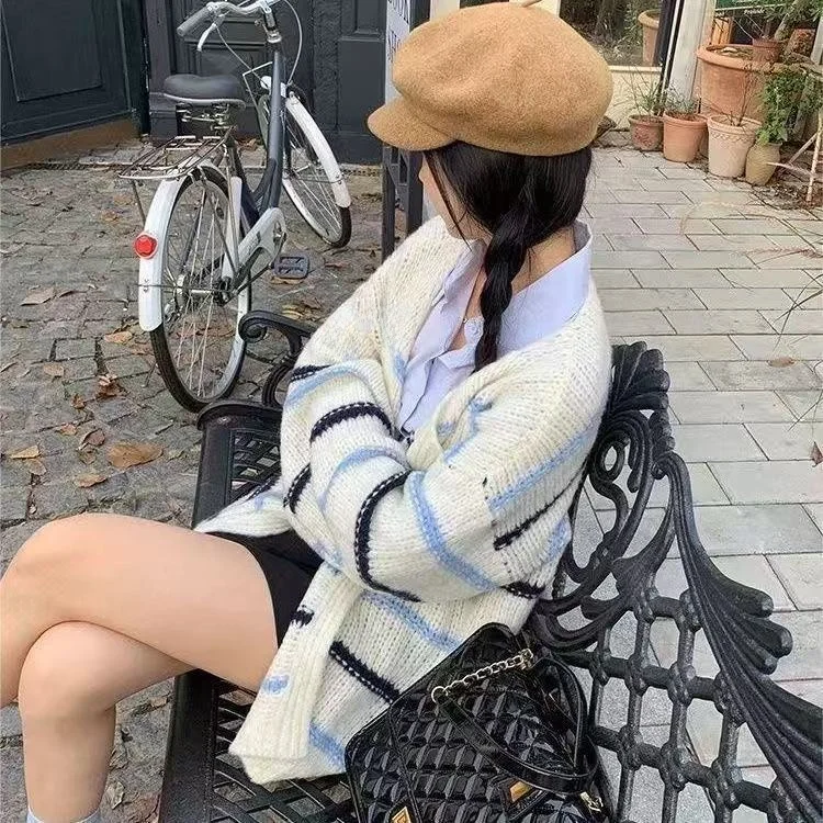 Cappotto maglione lavorato a maglia a righe V-Ne rosa dolce Cappotto da donna allentato e versatile Top Capispalla Autunno New Sle Lazy Faion