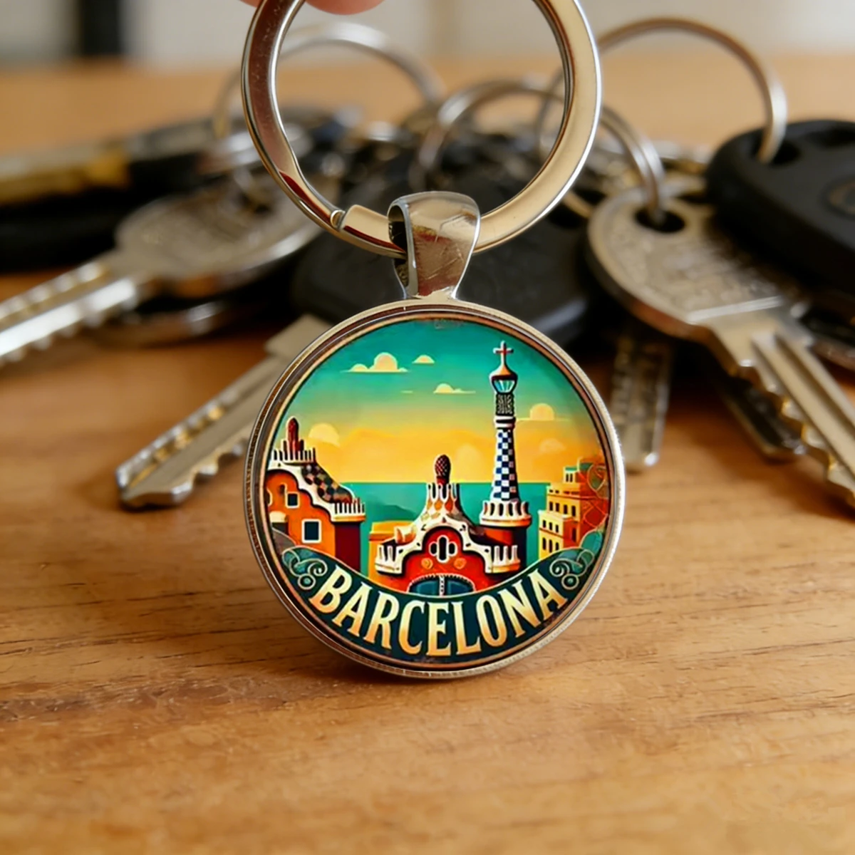 1PC Retro Barcelona Keychain Vintage Metal Glass Dome Keyring Perfect for Car Key Bag Holiday Travel Accessory Spain Souvenir