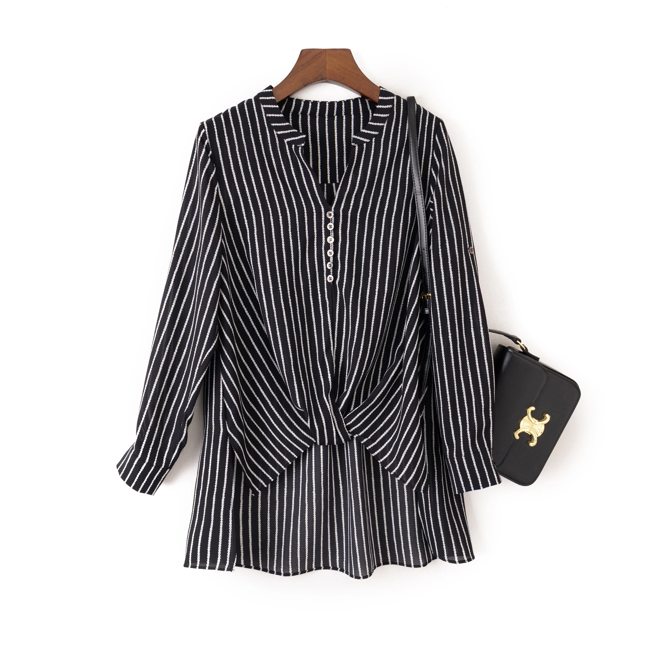 Fashionable V-Neck Asymmetrical Stripe Long Sleeve Women's Shirt Casual Style Breathable Comfortable Chiffon Top Trendy Roll ...