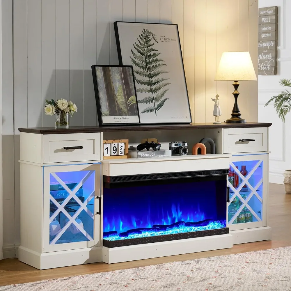 3-Sided Farmhouse Fireplace TV Stand for TVs up to 80'', 12 Color Entertainment Center Console Table with LED Glass Door Storage