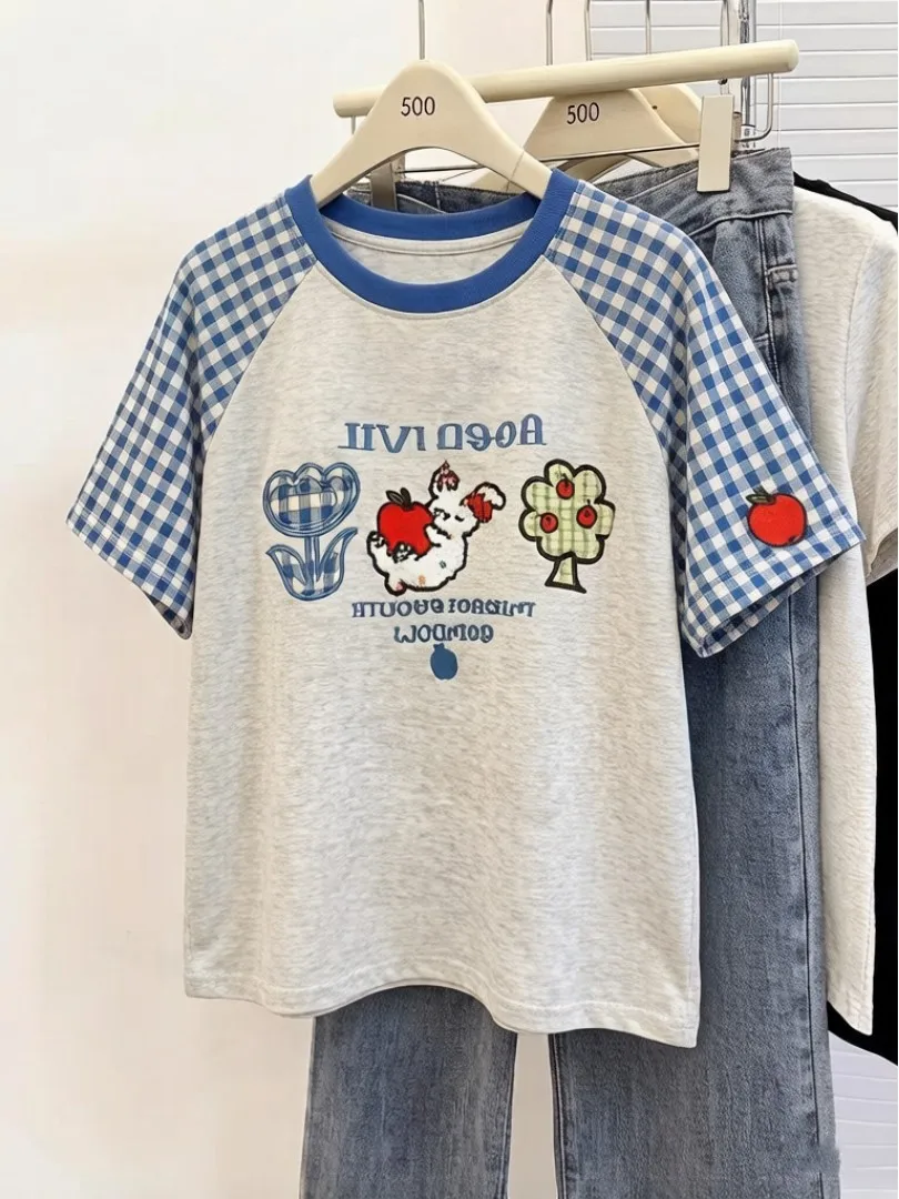 Summer Cotton T-Shirt for Girls Student Preppy Style Patch Shoulder Loose Fit Embroidered Pure Cotton round Neck Short Sleeve