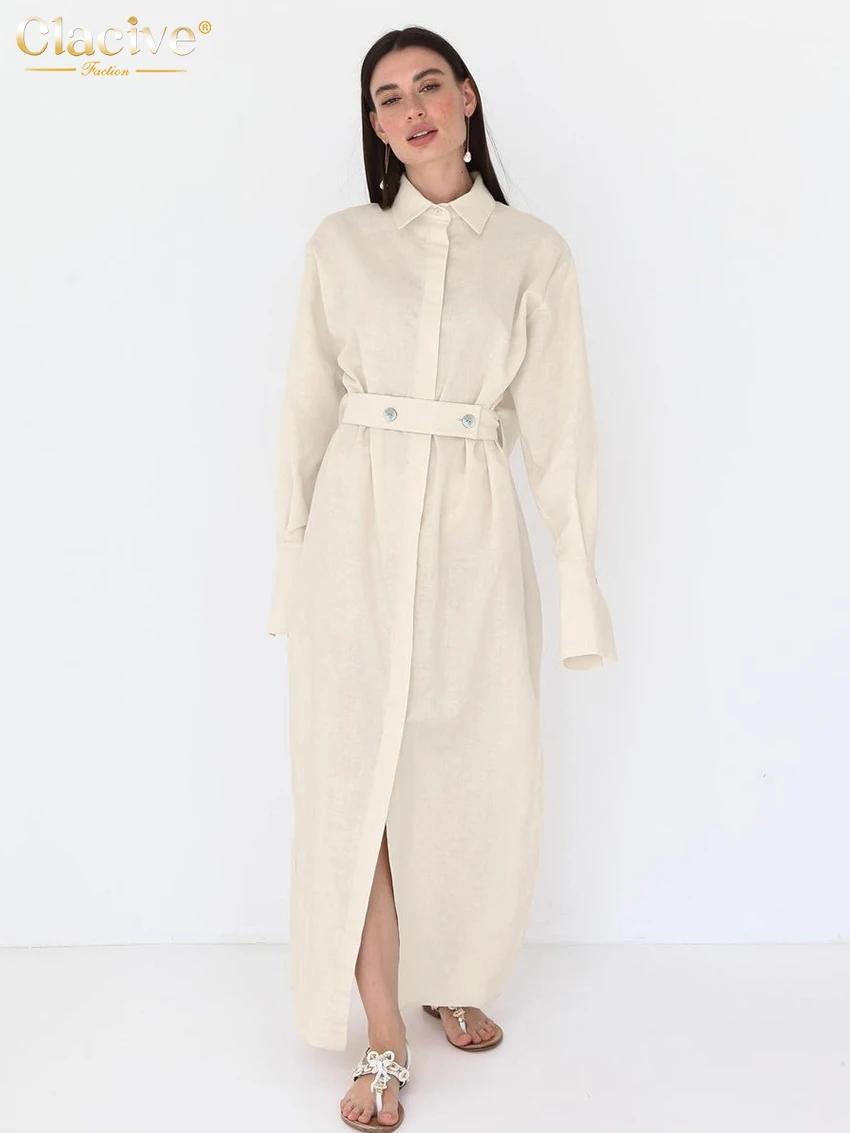 

Clacive Fashion Loose Beige Linen Women's Dress Casual Lapel Long Sleeve Ankle Length Dresses Elegant Classic Belt Female Dress