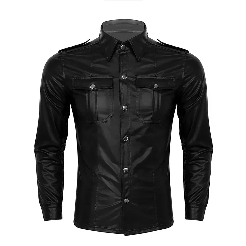 Men Black Matte Leather Shirt Tops Turn Down Collar Long Sleeve PU Blouse Button Nightclub Stage Costumes Clubwear Custom New