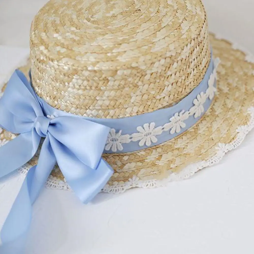 Fashion Bow Lace Ribbon Straw Hat Pastoral Breathable Fisherman Hat Wide Brim TeaParty Sunhat for Woman Girls