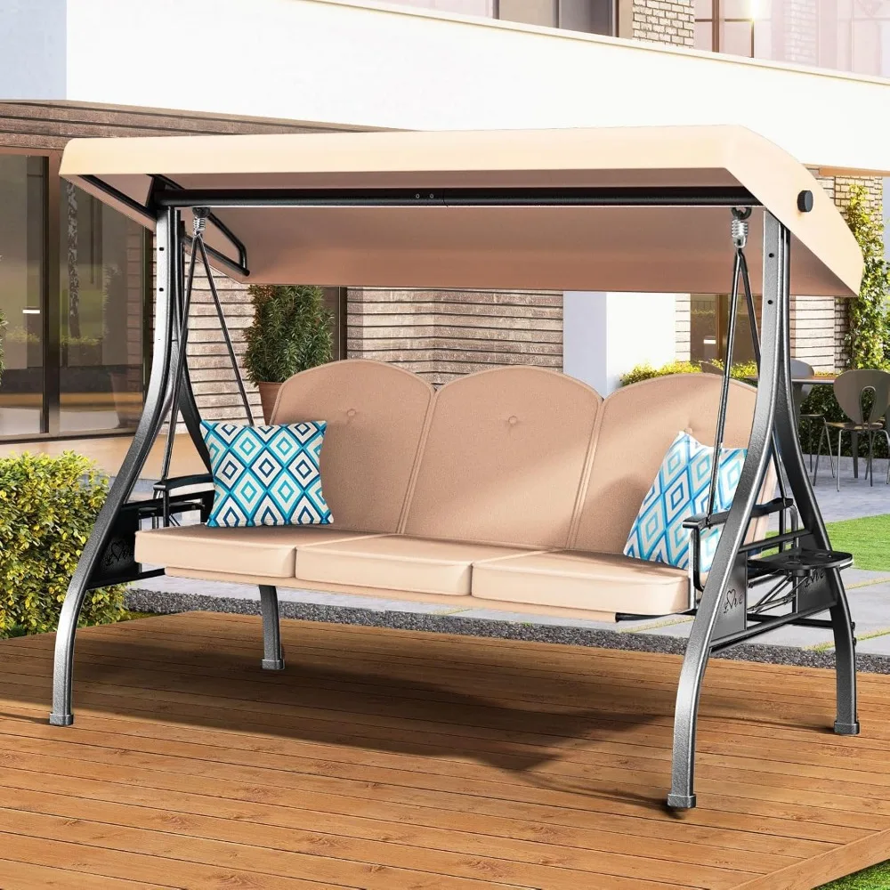 

3 Seat Outdoor Porch Patio Swing with Stand 800lbs 2-in-1 Convertible Swing Bed with Adjustable Canopy & Removable Cushion for Y