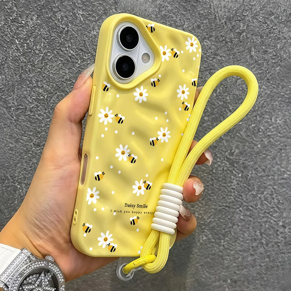 Fashion Bee Daisy Falten-Silikon-Handyhülle für iPhone 17 15 13 11 12 14 16 17 Pro Max 14 15 16 Plus 17Air mit Lanyard-Abdeckung – Detail 7