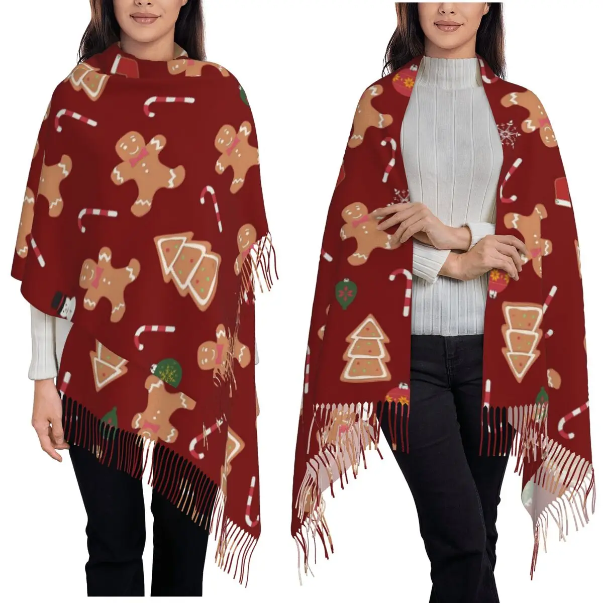 Christmas Gingerbread Cookies Scarf Tassel Scarves for Women Soft Warm Shawls and Wraps Large Fall Winter Shawl Wrap
