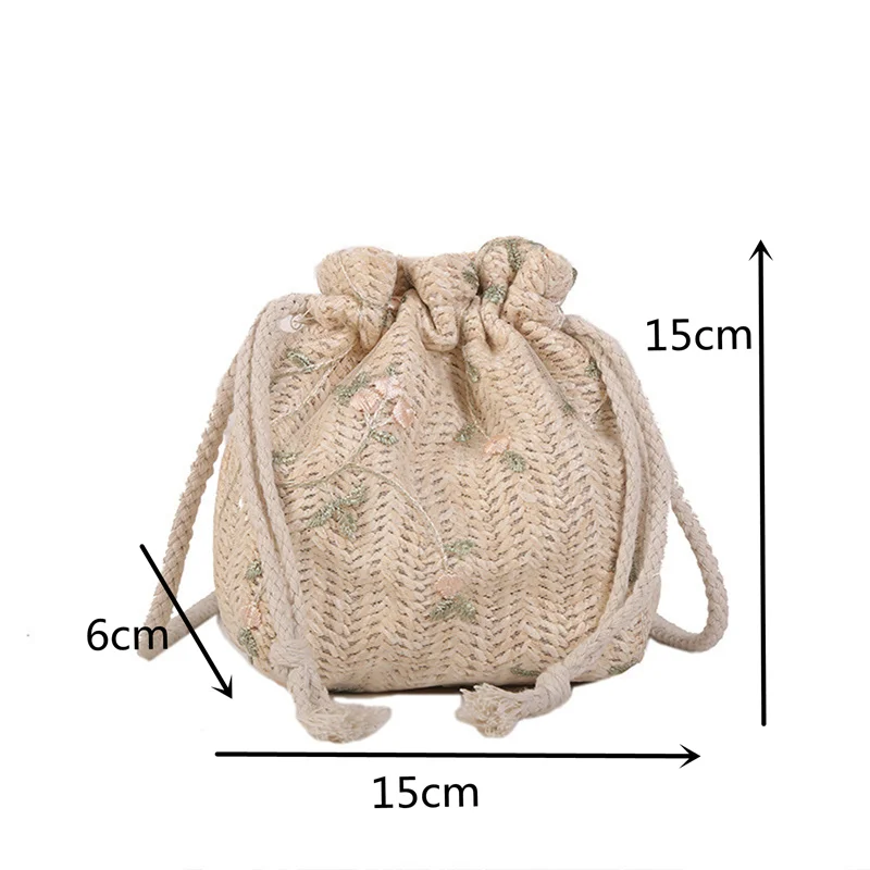 Fashion Small Shoulder Bags Women Beach Straw Woven Flower Embroidery Bags Ladies Lace Crossbody Handbags Drawstring Bucket Bag