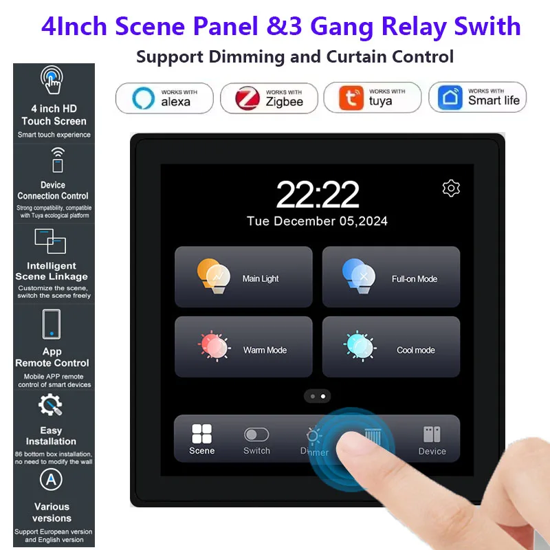 Tuya Zigbee 4-Zoll-Szenenpanel und 3-Gang-Relaisschalter, 2-in-1-Voll-Touchscreen, unterstützt Dimmen und Vorhanggruppe, Smart Control Alexa