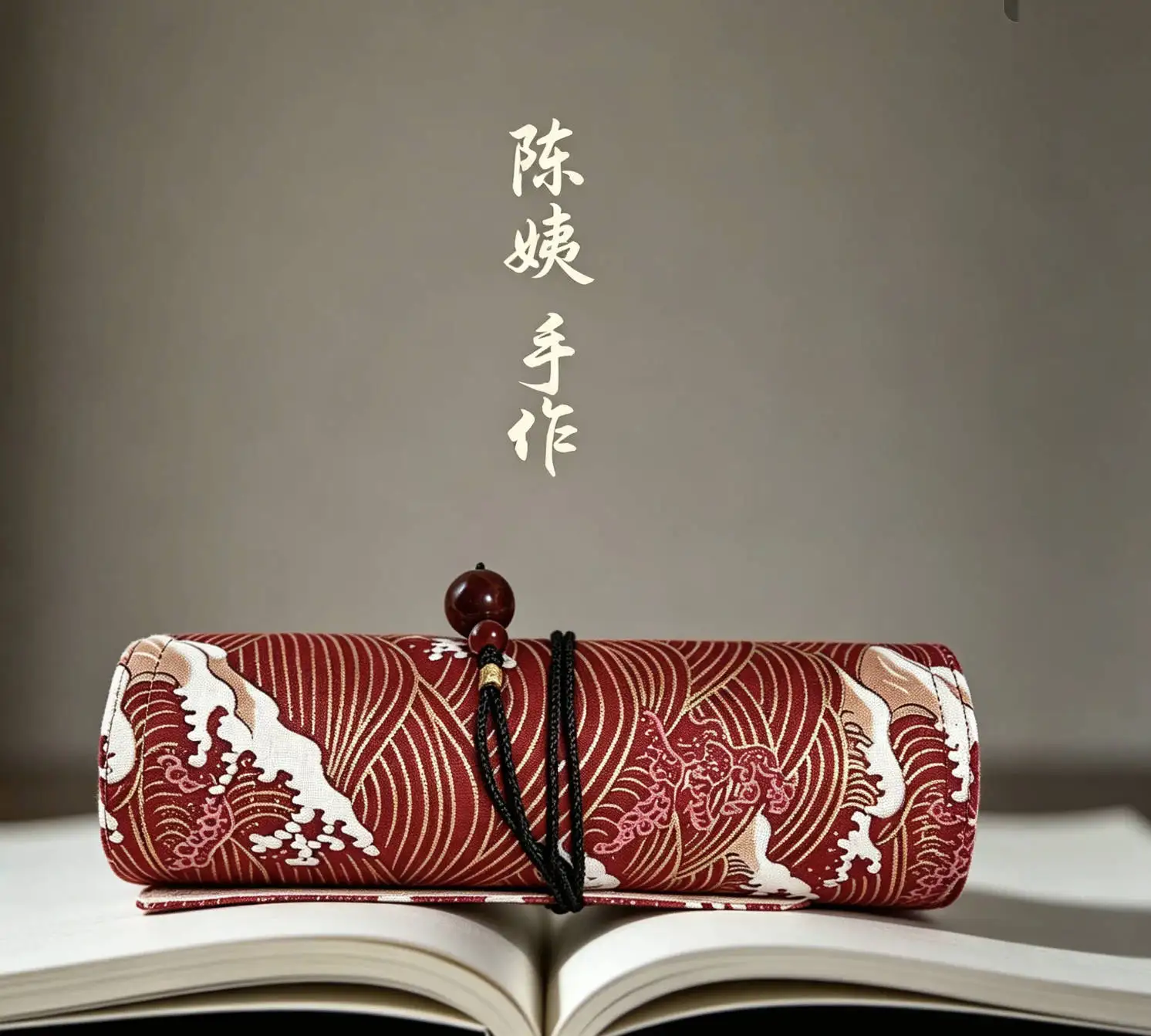 7-hole Pen Curtain Red Wave Handmade Fabric Portable Pen Storage Pen Bag Pen Bag Roll Pen Curtain