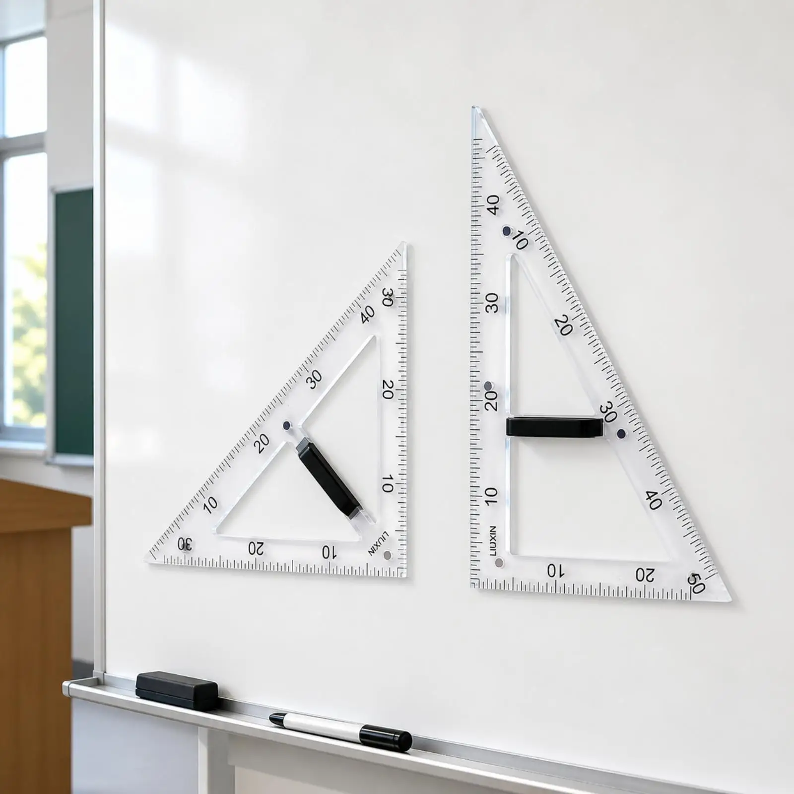 Large Teaching Triangle Ruler Transparent Plastic Math Geometry Tool for Classroom Whiteboard with Detachable Handle Mathematics