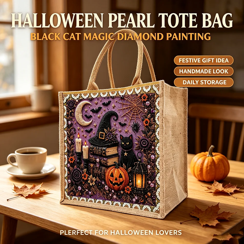 DIY Pearl Bead Diamond Art Tote Bag Spooky Witch Hat Pumpkin Print Burlap Casual Handbag Novelty Party Favor Purse Birthday Gift