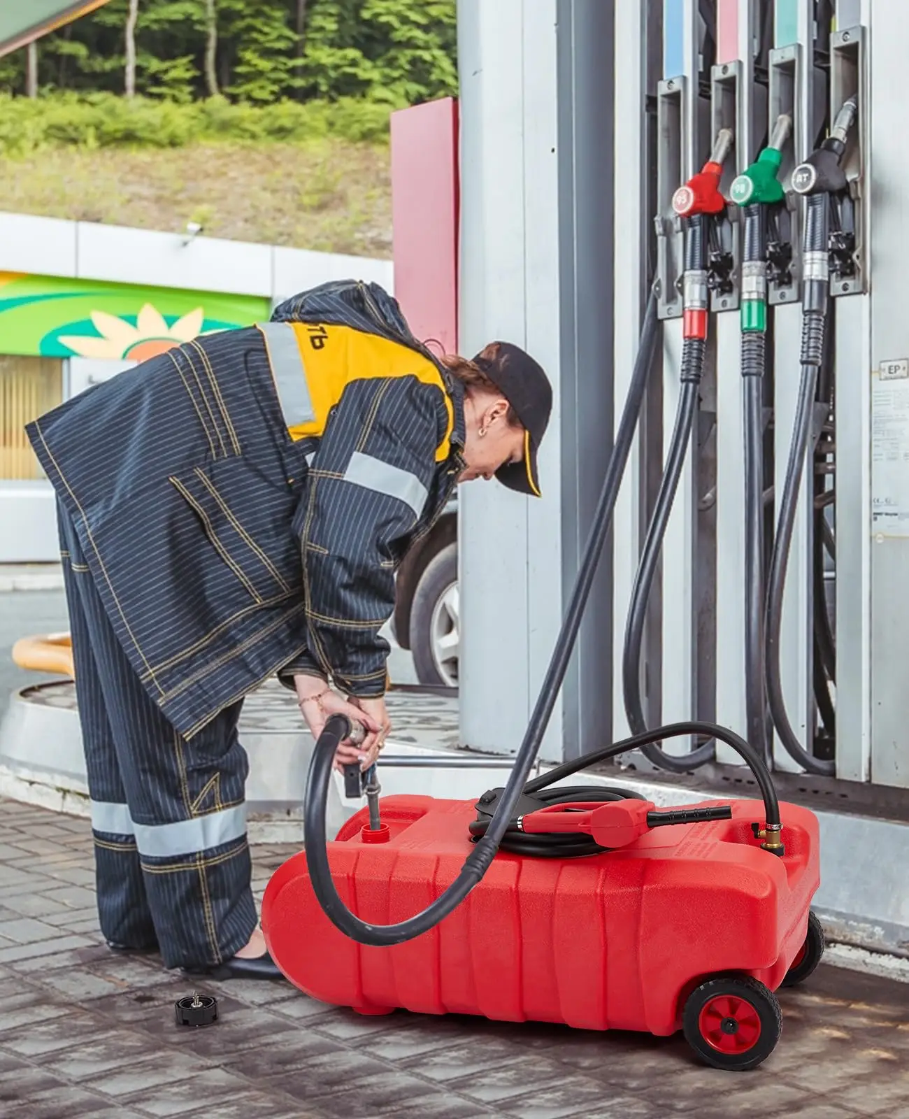 Heavy-Duty 15 Gallon Portable Fuel Caddy Gas Can - Manual Pump & 10FT Hose - Leak-Proof, Wheeled Transfer Tank for Cars, Boats, Lawn Mowers, ATVs - Automotive Workshop Fuel Solution