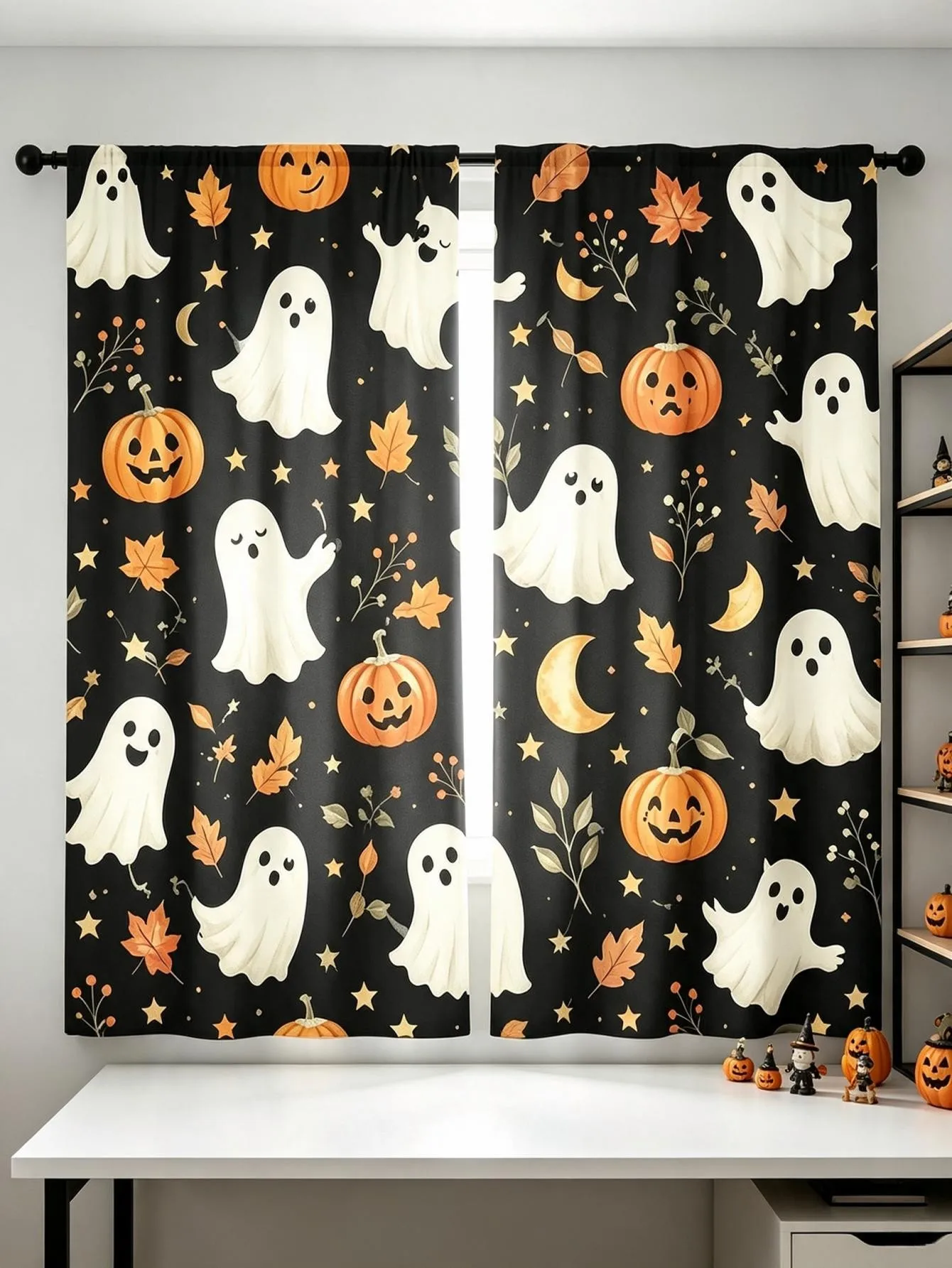2PCS Digital Print Curtain, Star Maple Ghost Halloween Fall, Autumn Spooky Cute for Living Room Bedroom Kitchen Window