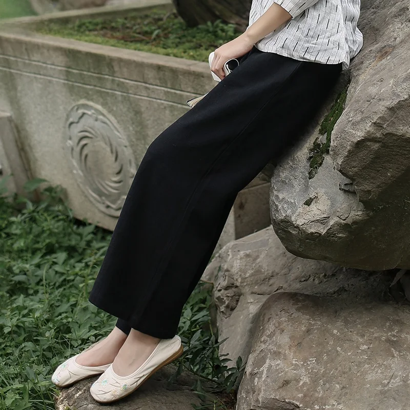 Cotton Linen Wide Leg Pants Straight Cut Women's Spring Autumn Winter Loose Elastic Waist Ethnic Style Chinese Artistic Retro...