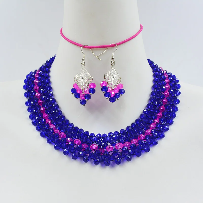 

6mm Royal Blue Crystal. Handmade woven necklace earrings. Best Jewelry Set for Women's Wedding Anniversary 18'