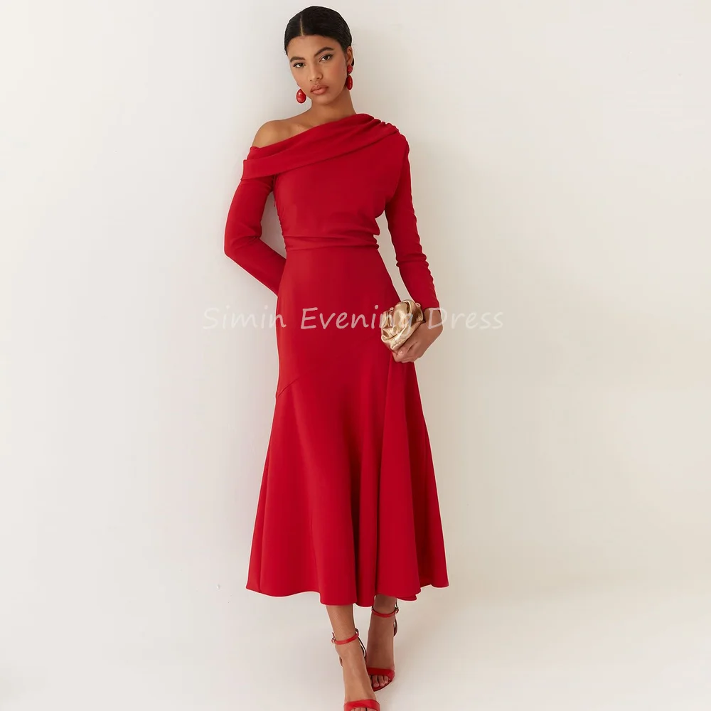 

Simin Crepe A-line Pleats Off The Shoulder Neckline Tea Length Elegant Evening Party Dresses For Women 2025 With Long Sleeves