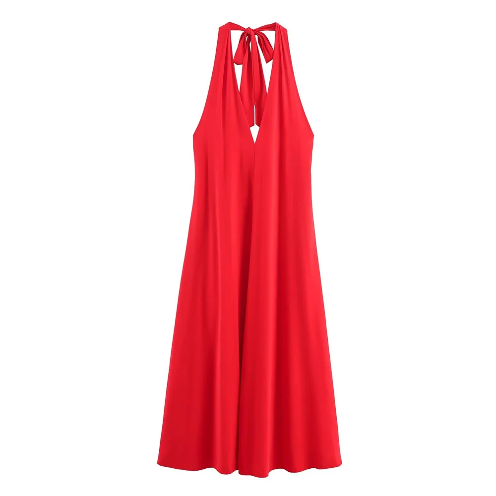 New women's European and American style bow decoration hanging neck MIDI dress