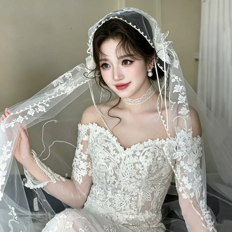 フランスのレトロな花柄レースのリボンブライダルヘッドピースヴィンテージチュールウェディングベール花嫁写真撮影アクセサリーベロデノビア