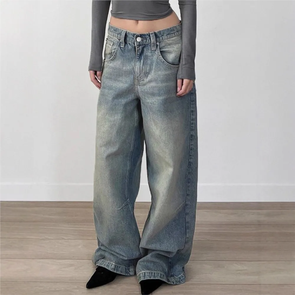 American Baggy Jeans Retro Women's Clothing Straight Pants Low Waist Loose Street Casual All-match Simple Style Fashion Trendy