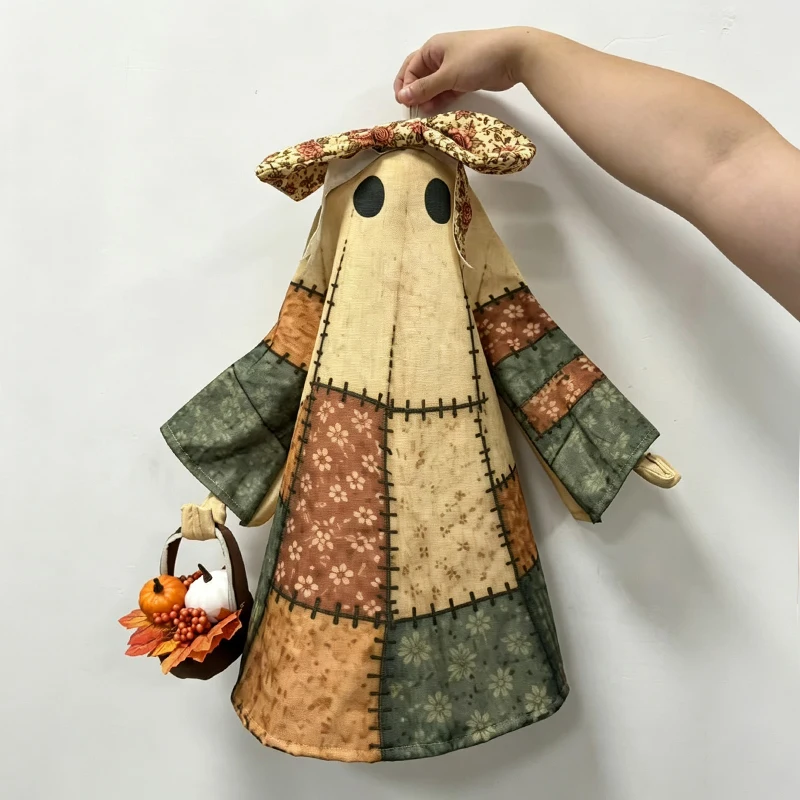 Halloween Vintage Patchwork Fabric Ghost Decor Cute Hanging Ghosts Ornament with Warm LED Lights Spooky Party Home Decorations