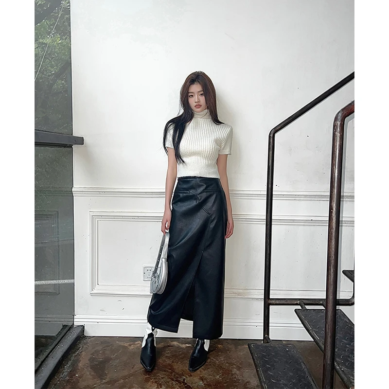 Vintage Pu Leather Midi Skirt Women Streetwear Sexy Slit Black Skirts Y2K 2000S Korean High Waist Split Slim A Line Skirt New