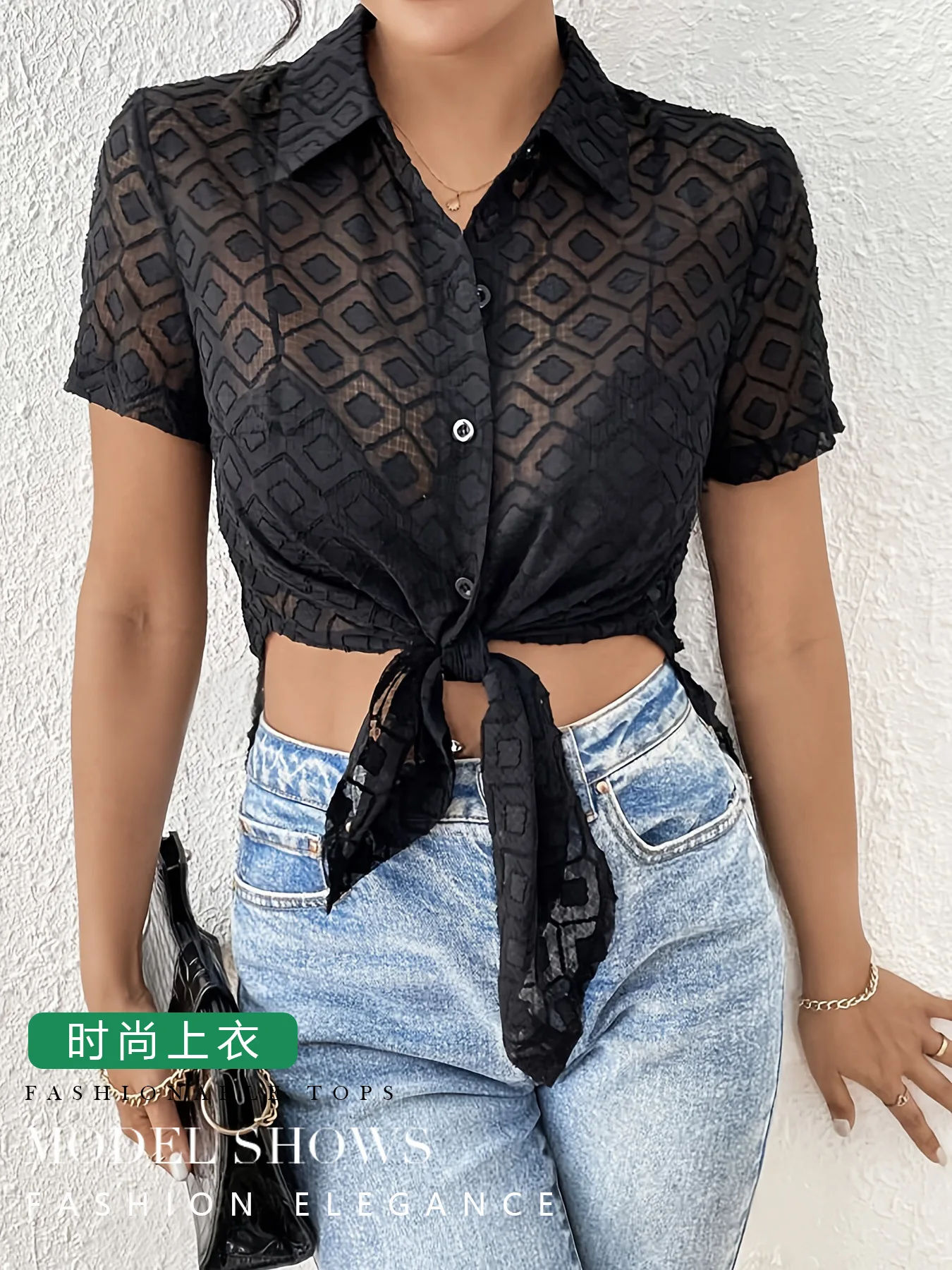 2025 Summer New Solid Color Fashion Jacquard Chiffon Hem Split Short-sleeved Shirt Women's Top Cw11513