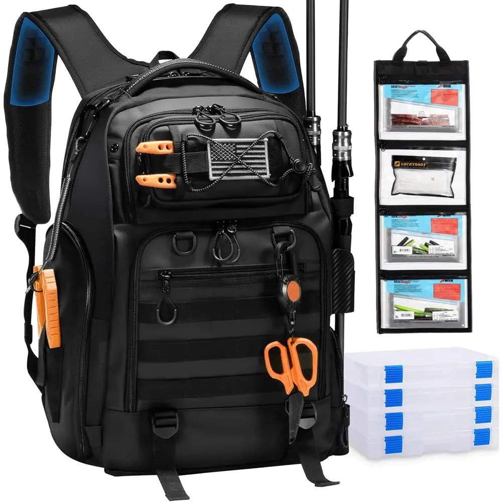 

50L Fishing Tackle Backpack with Detachable Lure Cases, 4x 3600 Boxes, Dual Rod Holders for Fishing Gear and Accessories