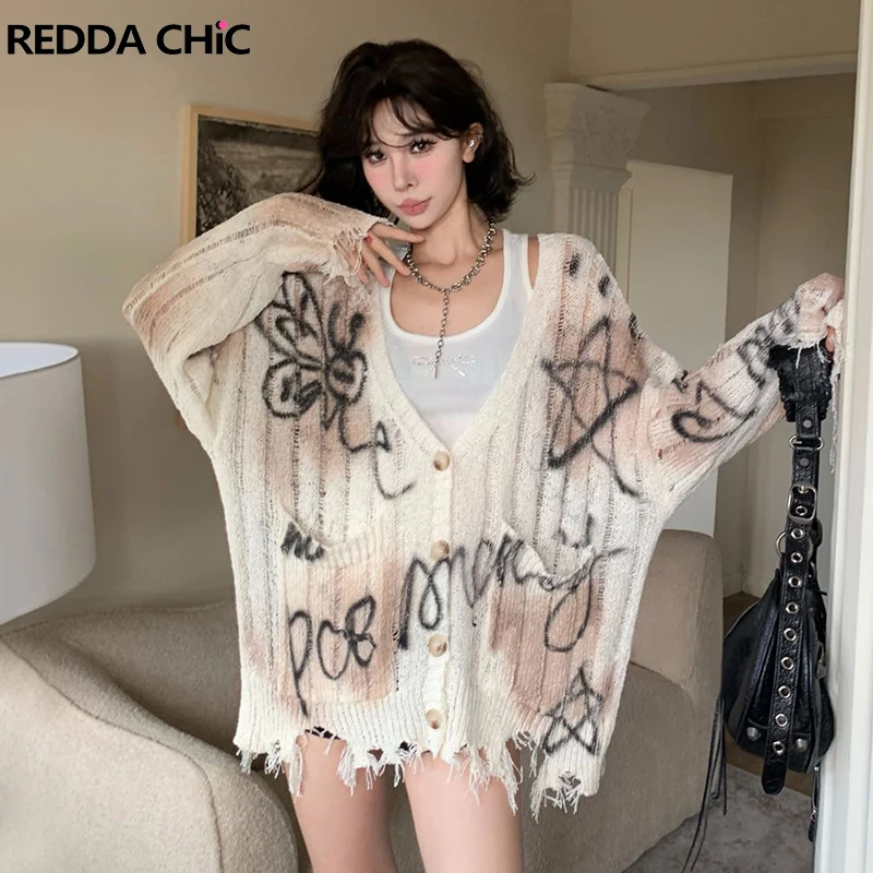 ReddaChic Tassels Hem Graffiti Cardigan Sweater Women V-neck Long Sleeves Pockets Casual Hollow Oversize Coat Vintage Knitwear